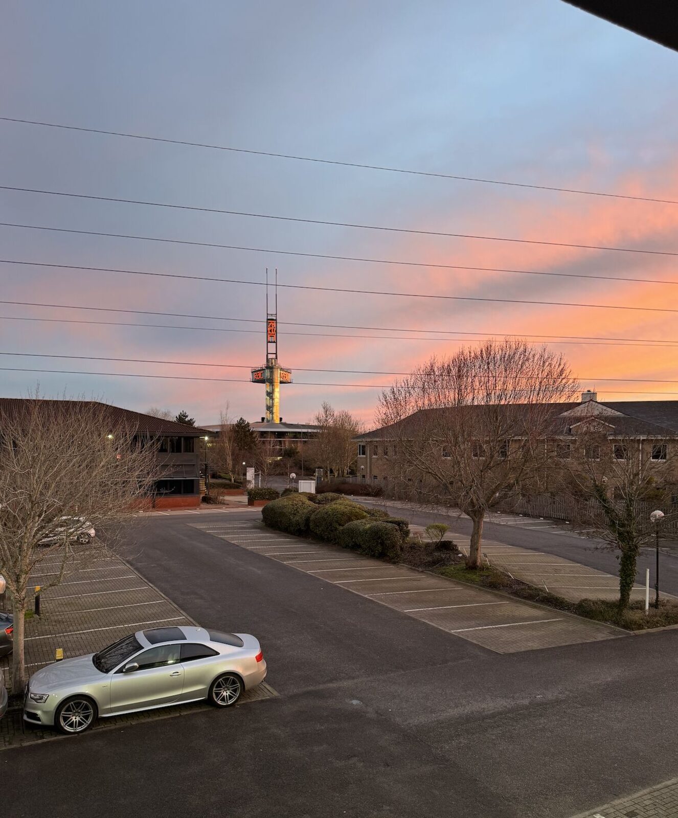Sunset view from the new Compelite Pro studio at BizSpace Bradley Stoke, with the iconic RAC tower on the horizon