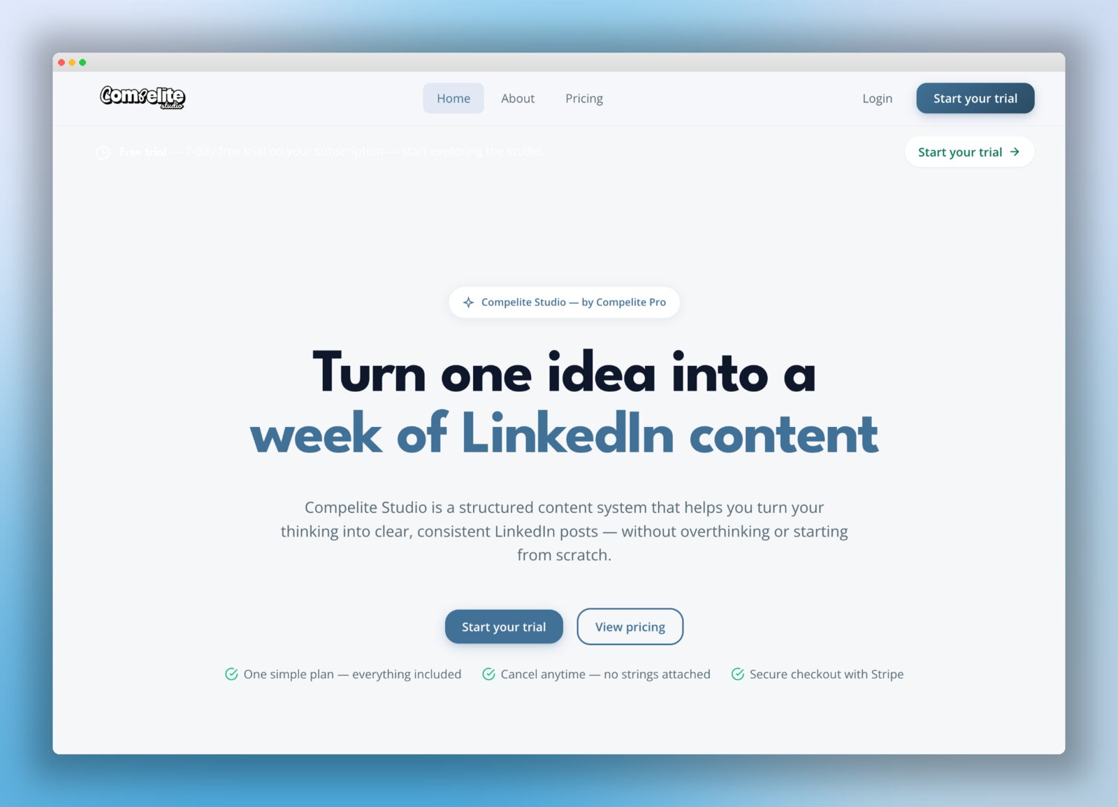 Compelite Studio landing page — Turn one idea into a week of LinkedIn content